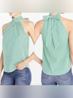 J Crew Cotton Green Gingham Tie Neck Top Size 6